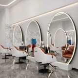 Consolă de coafură, frizerie, cosmetică, cu oglindă LED 200x120, PRO, neagră rotundă, cu bază de piatră