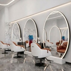 Consolă cu oglindă LED profesională, rotundă, neagră 200x120, pentru saloane de &icirc;nfrumusețare, cu suport din piatră