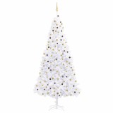 Brad Crăciun pre-iluminat, set globuri/LED-uri, alb, 300 cm