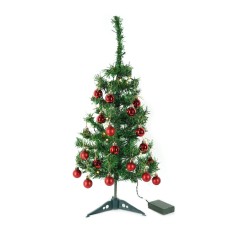 Brad artificial impodobit, 20 globuri rosii + instalatie luminoasa 20 led alb cald, 60 cm, verde