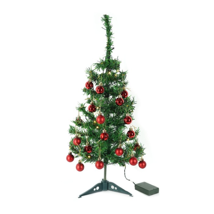 Brad artificial impodobit, 20 globuri rosii + instalatie luminoasa 20 led alb cald, 60 cm, verde