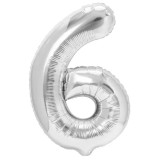 Balon din Folie Metalizata, Figurina Cifra, Tema Aniversare 80 cm, Ambalaj Individual, Pai inclus, Umflare cu Aer sau Heliu, Argintiu, Cifra 6