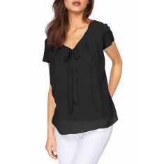 Bluza de dama plisata cu maneca scurta, casual sau eleganta, guler in V, negru, marimea S Negru S