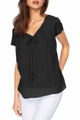 Bluza de dama plisata cu maneca scurta, casual sau eleganta, guler in V, negru, marimea S Negru S foto