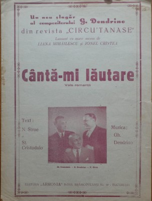 Partitura G. Dendrino, Canta-mi lautare de la Teatrul de Revista C. Tanase, 1944 foto