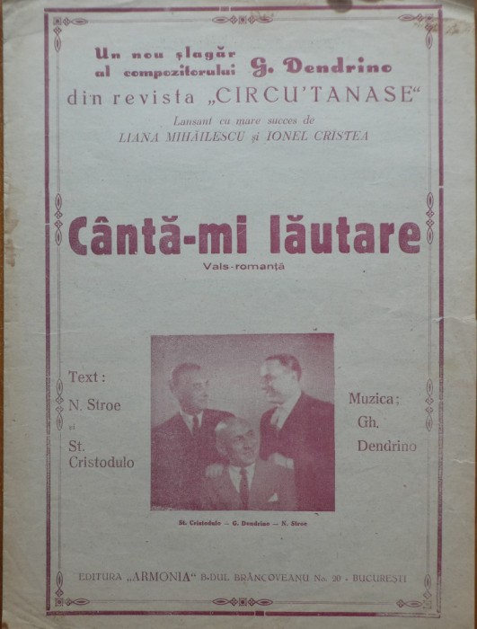 Partitura G. Dendrino, Canta-mi lautare de la Teatrul de Revista C. Tanase, 1944