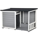 PawHut Căsuță pentru c&acirc;ini din lemn masiv, cu 2 boluri, verandă, rezistent la intemperii, 103 cm x 62 cm x 66 cm, Gri + Alb | Aosom Romania