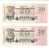 Bancnote Germania 20000000 mark 1923, 2 buc., serii consecutive