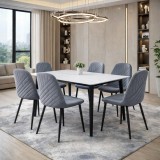 Cumpara ieftin Set masa living Lineo FDT1, blat ceramica, structura metalica, 140x80x75 cm, alb gri si 6 scaune Doina FDC2, tapiterie catifea, 90 kg, gri
