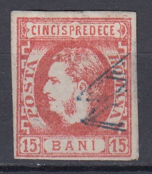 ROMANIA 1869 LP 27 REGELE CAROL I CU FAVORITI 15 BANI ROSU STAMPILA GRATAR