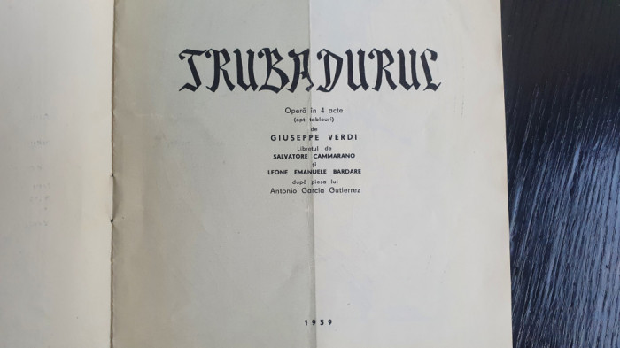 Antichitate, vechi Caiet - programOpera RPR, TRUBADURUL, an 1959