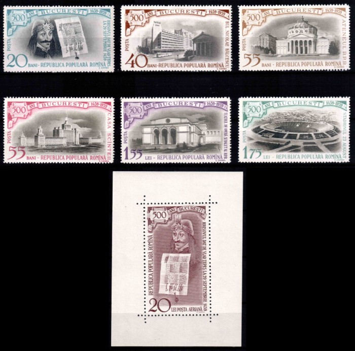 Romania 1959, LP 480 + LP 481, 500 de ani Bucuresti + colita Vlad Tepes, MNH!