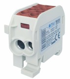 Clema de distributie - derivatie maro Cu-Al 202A 125A pe sina DIN 1 pol 2 intrari borne (25+35mm &sup2;) si 2 iesiri (25+35mm &sup2;) 1000V AC DC, Omu System