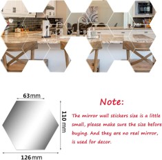 Set 24 Oglinzi Acrilice Decorative Hexagonale, CBD CORAL BEST DEALS, Model L, 12x11x6.5cm, Autoadezive 12 cm 6.5 cm 0.2 cm Argintiu cromat 24 13.5 cm