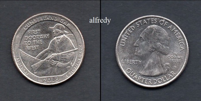 SUA 2016 Quarter, 25 Centi, Cumberland Gap, Kentucky, D