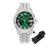 Ceas Iced Out, insertii zirconiu, unisex, waterproof, otel inoxidabil, accesoriu pentru ajustarea bratari, culoare silver green, impachetare premium