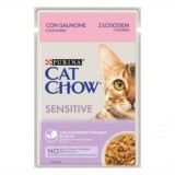 Purina Cat Chow Sensitive, hrana umeda pentru pisici, somon si dovlecei in sos, 85 g