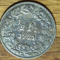 Elvetia - moneda de colectie an rar - 1/2 franc 1921 argint - superb patinata !