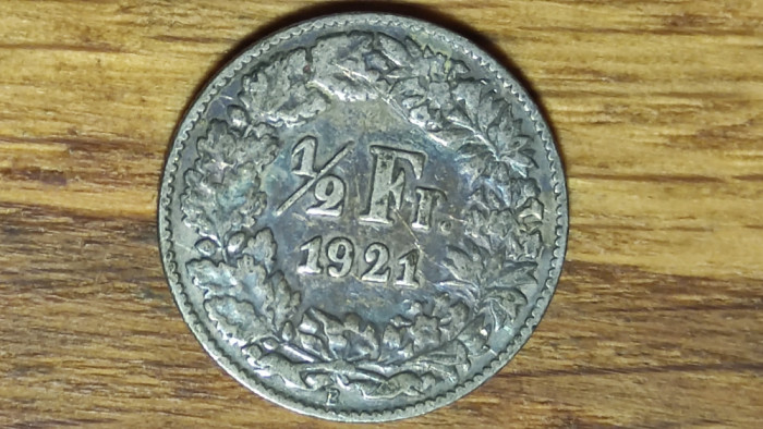 Elvetia - moneda de colectie an rar - 1/2 franc 1921 argint - superb patinata !
