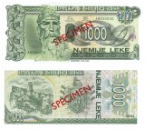 ALBANIA █ bancnota █ 1000 Leke █ 1994 █ P-58s █ SPECIMEN █ UNC █ necirculata