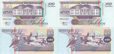 2 x 1998 ( 10 II ) , 100 gulden ( P-139b ) - Surinam - stare UNC foto
