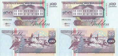 2 x 1998 ( 10 II ) , 100 gulden ( P-139b ) - Surinam - stare UNC foto