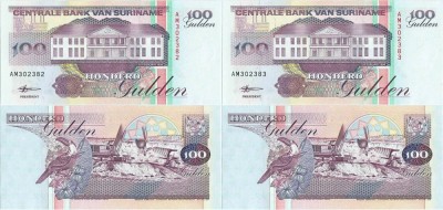 2 x 1998 ( 10 II ) , 100 gulden ( P-139b ) - Surinam - stare UNC foto