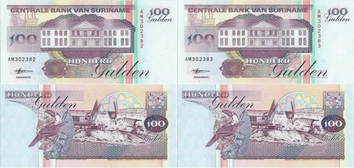 2 x 1998 ( 10 II ) , 100 gulden ( P-139b ) - Surinam - stare UNC