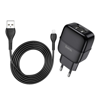 Incarcator Retea cu cablu Lightning HOCO C77A, 2 X USB, 2.4A, Negru foto