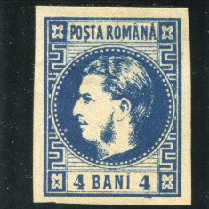 1868 , Lp 23 , Carol I cu favoriti 4 Bani albastru inchis / h.galbuie - M.H.