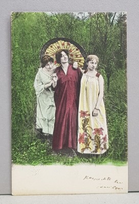 EMIL GARLEANU CATRE ELIZA XENOPOL * , CARTE POSTALA ILUSTRATA , GRUP DE TREI TINERE , POLICROMA , CIRCULATA , CLASICA , 1902 foto