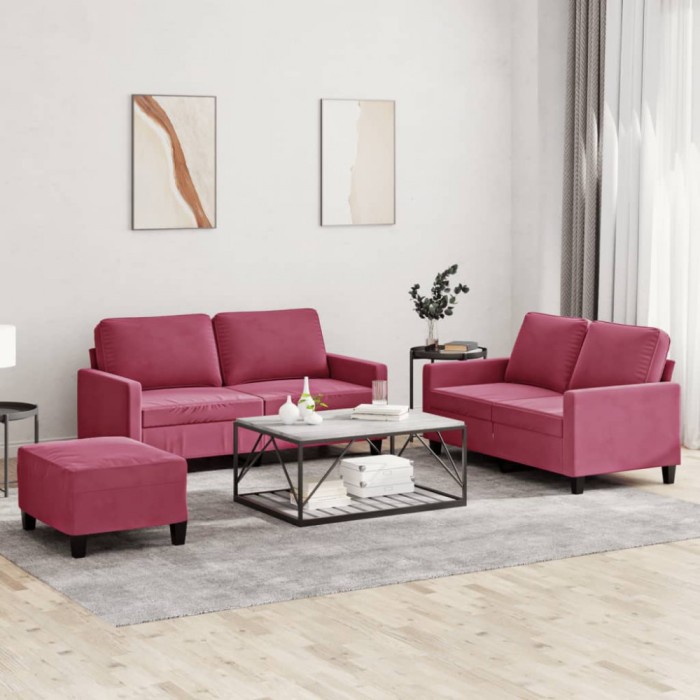 vidaXL Set canapea cu perne, 3 piese, roșu vin, catifea