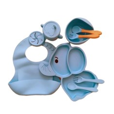 Set 10 Piese Servire Masa, pentru Bebelusi, din Silicon/Lemn, cu Ventuze Anti-alunecare, fara Alergeni. +6 Luni, Model Elefant, Albastru deschis