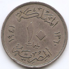 Egipt 10 Milliemes 1941 - Farouk, Cupru-nichel, 23 mm KM-364