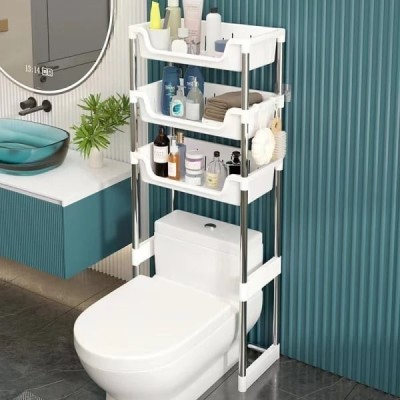 Raft tip organizator pentru baie, deasupra vasului de toaleta, cu 3 polite, dimensiuni 173 x 48.5 x 26 cm, din metal si plastic, extensibil, alb foto