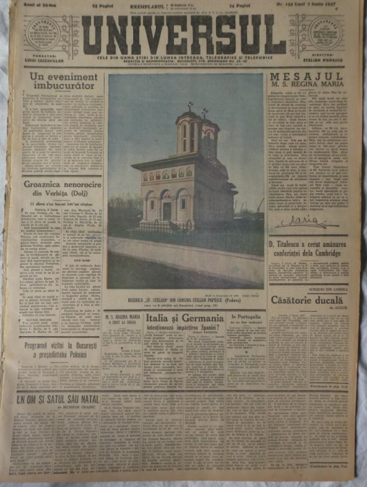 Ziarul Universul, 7 Iunie 1937; Director: Stelian Popescu, articol N. Crainic