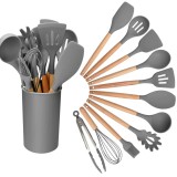 Set ustensile de bucatarie din silicon si lemn, 12 elemente, ergonomic, usor de curatat, gri, Oem