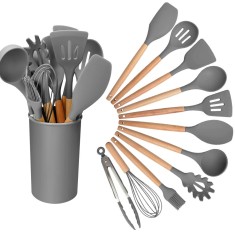 Set ustensile de bucatarie din silicon si lemn, 12 elemente, ergonomic, usor de curatat, gri foto