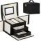 (DL) Cutie depozitare si organizare bijuterii, MDF, piele ecologica, 18 x 13,5 x 14cm, negru