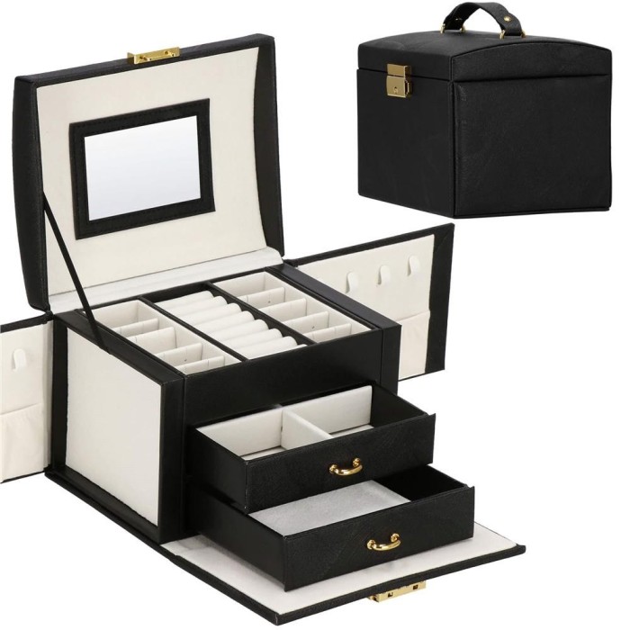 (DL) Cutie depozitare si organizare bijuterii, MDF, piele ecologica, 18 x 13,5 x 14cm, negru