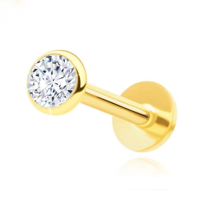 Piercing pentru buză și bărbie din aur galben 375 &ndash; un labret cu zircon rotund transparent