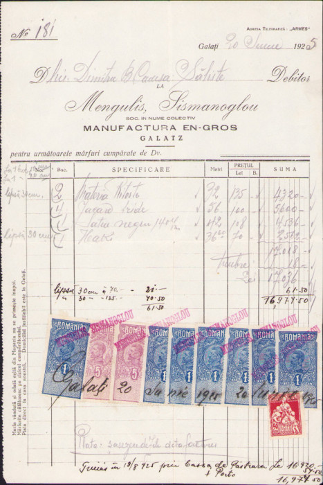 HST A907 Factură 1925 Mengulis Sismanoglou Galați pentru Dimitrie Comșa