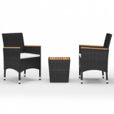 VidaXL Set mobilier bistro, 3 piese, negru, poliratan și lemn acacia