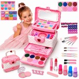 Cumpara ieftin Trusa Machiaj Fetite, Set Make-Up Complet 56 Elemente, Multicolor, Non-toxic, Hipoalergen, Geanta Eleganta cu Oglinda, Farduri Mate si cu Sclipici, Ru