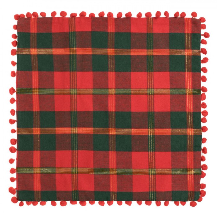 Față de Pernă Decorativă, Model Crăciun, Fermoar, Două Fețe, Carouri Roșii, Lurex Auriu, Pomponi, 45x45cm