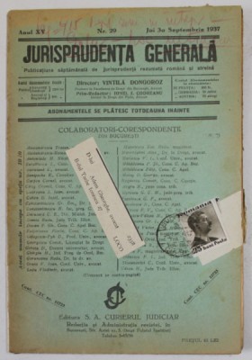 JURISPRUDENTA GENERALA , PUBLICATIUNE SAPTAMANALA DE JURISPRUDENTA ...ANUL XV , NR. 29 , JOI 30 SEPT. , 1937 foto