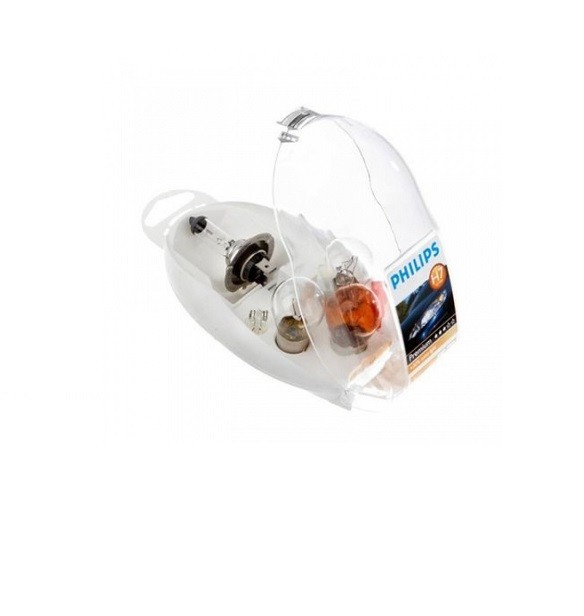 Set becuri rezerva Philips 99ZK007P, 12V; premium; 30% mai multa lumina; cpl.: H7, P21W, PY21W, P21/5W, R5W, W5W, 3 sigurante; ECE