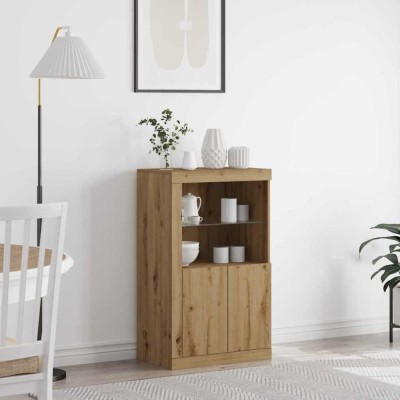vidaXL Mobilă laterală cu lumini LED Stejar artisan 60,5x37x100 cm foto