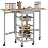 HOMCOM Cărucior de Bucătărie din Lemn și Metal cu 3 Coșuri, Sertar și Clapete, 37x37x77.5 cm, Gri | Aosom Romania