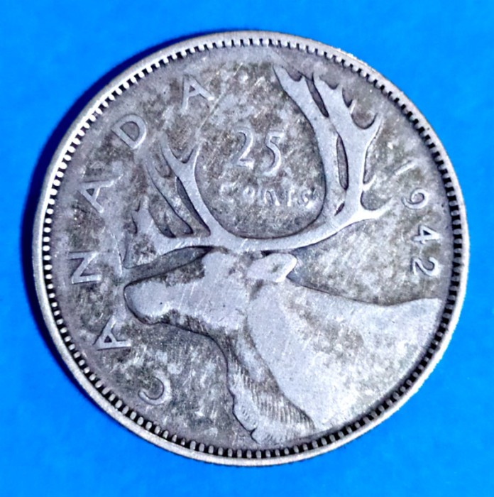 CANADA 25 CENTS CENTI 1942 GEORGE VI ARGINT STARE BUNA